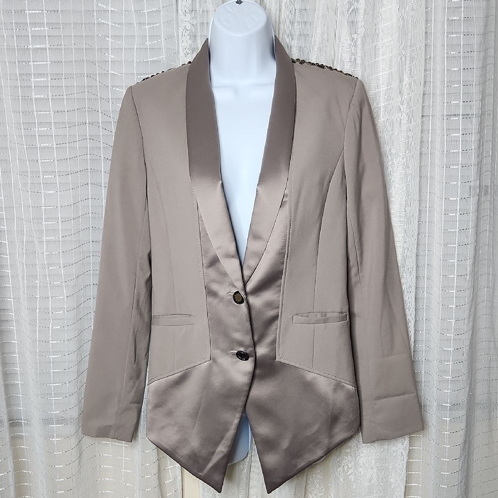 Nicole Richie x Macy's Taupe Blazer W/ Satin Lapel/Trim & Studded Shoulders SzXS